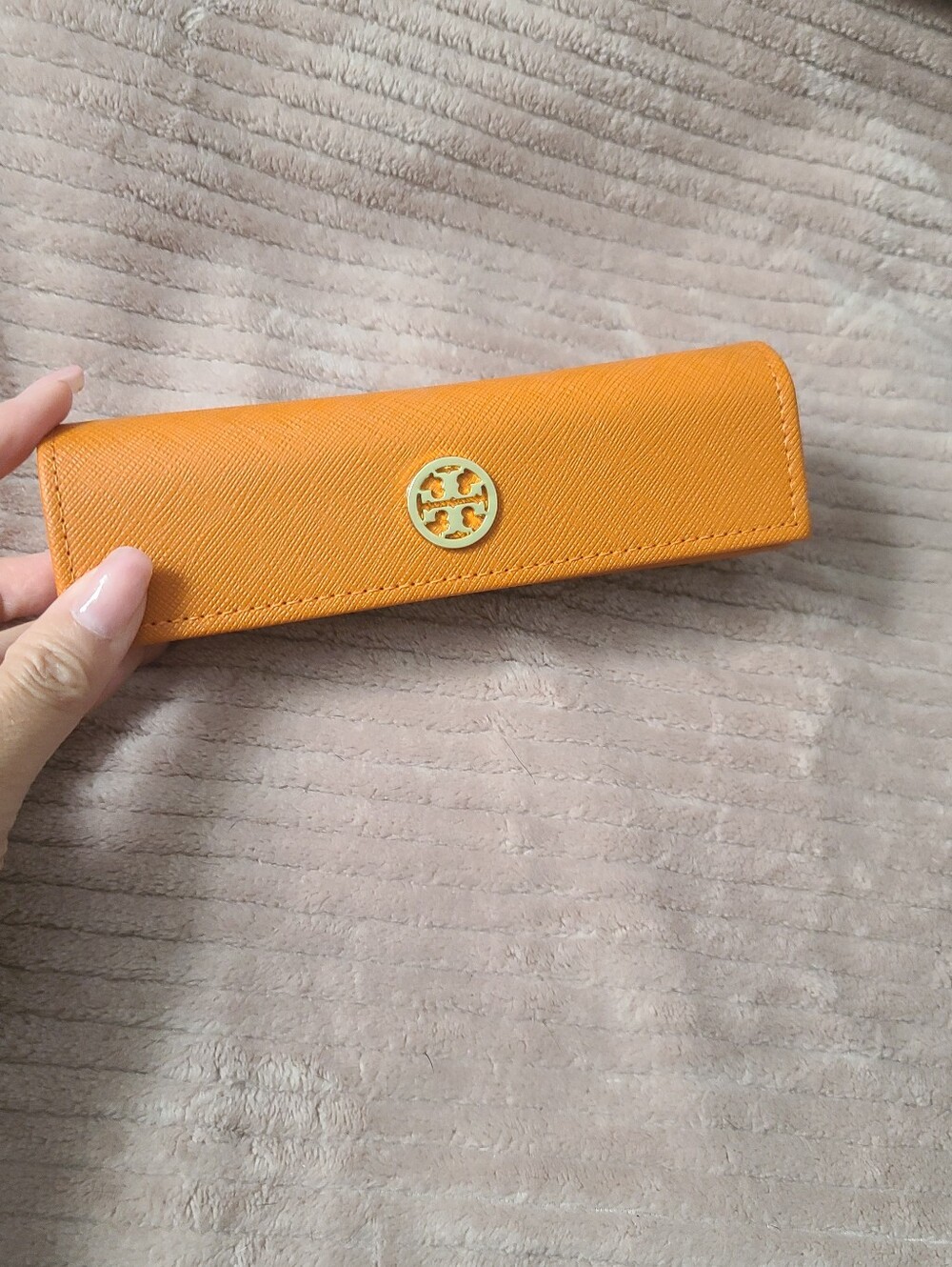 Super Skinny Tory Burch Orange Saffiano Leather Eyewear Case with Gold Logo